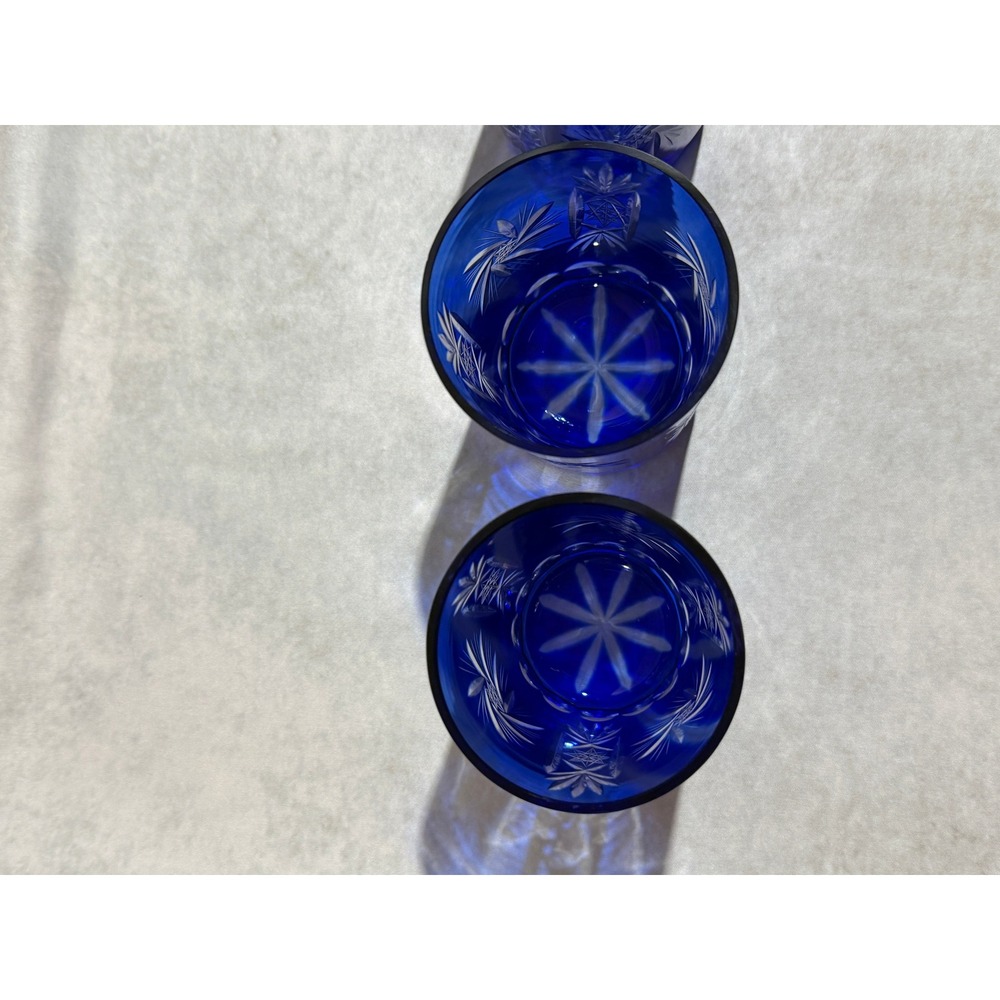 Vintage Bohemian Czech Cobalt Blue Cut to Clear Glass Pitcher and 4 Tumbler Set - Picture 15 of 16